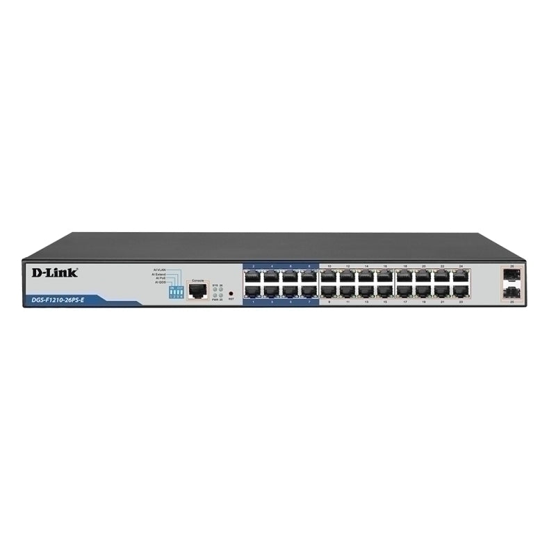 D-Link DGS-F1210-26PS-E D-Link 26-Port Gigabit Smart Managed PoE+ Switch with 24 PoE+ Ports (8 Long Reach) + 2 SFP Ports