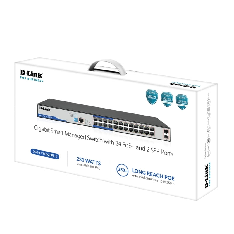 D-Link DGS-F1210-26PS-E D-Link 26-Port Gigabit Smart Managed PoE+ Switch with 24 PoE+ Ports (8 Long Reach) + 2 SFP Ports