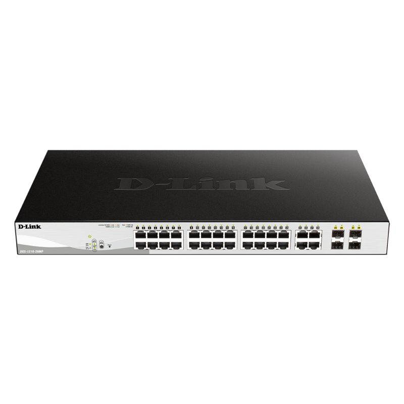 D-LINK DGS-1210-28MP 28-Port Gigabit WebSmart PoE Switch with 24 RJ45 and 4 SFP Ports. PoE budget 370W.