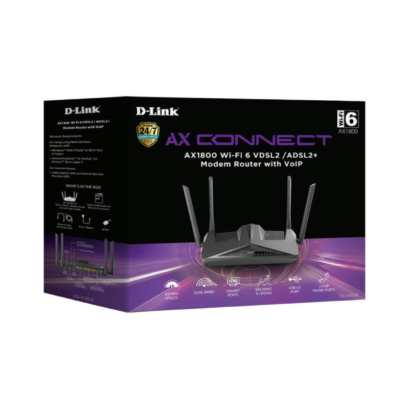 D-Link DSL-X1852E AX1800 Wi-Fi 6 VDSL2/ ADSL2+ Modem Router with VoIP
